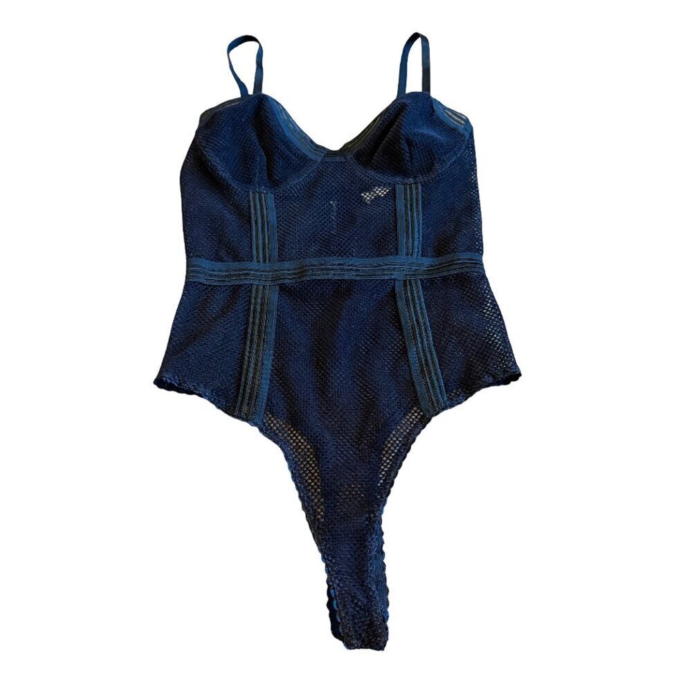 Honey Punch Sheer Mesh Bodysuit Thong Spaghetti Strap Navy Corset Layer Size XS